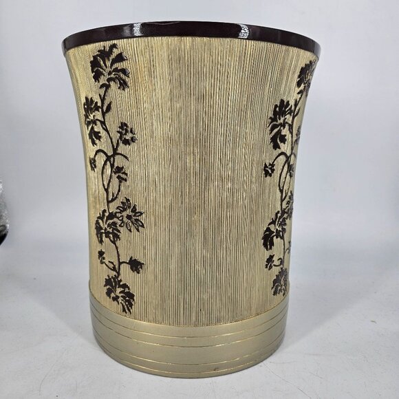 Ceramic Trash Garbage Can 10" Round Gold Brown Ribbed Floral Rustic Asian MCM - Picture 6 of 13